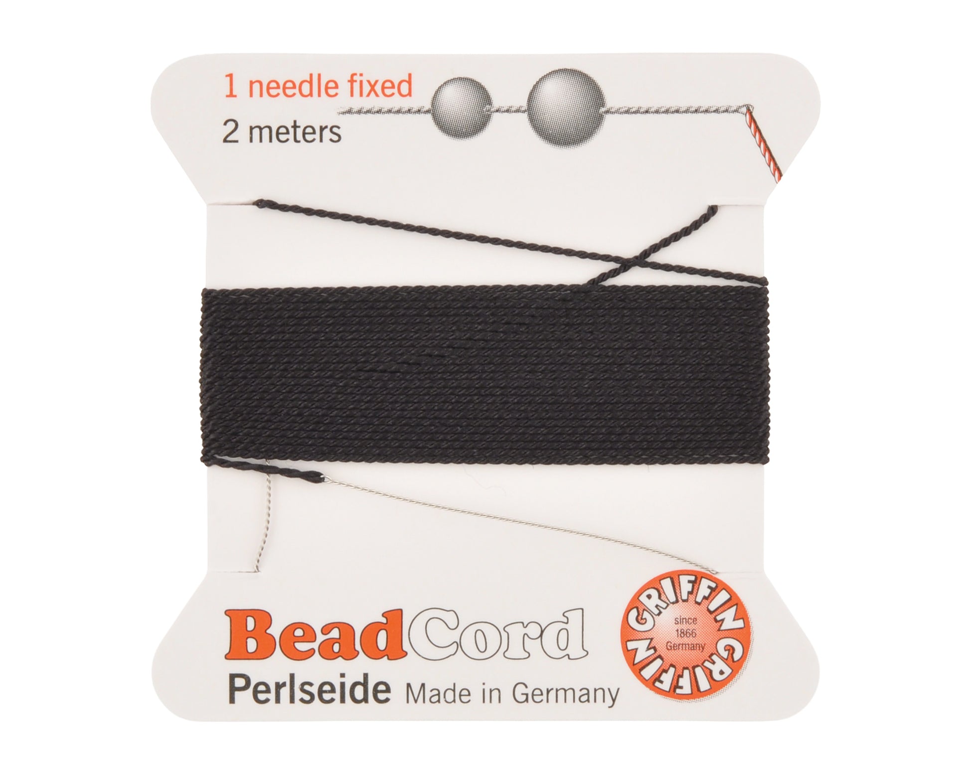 Griffin natural silk bead cord size 4 black with attached twisted needle 2 meter card