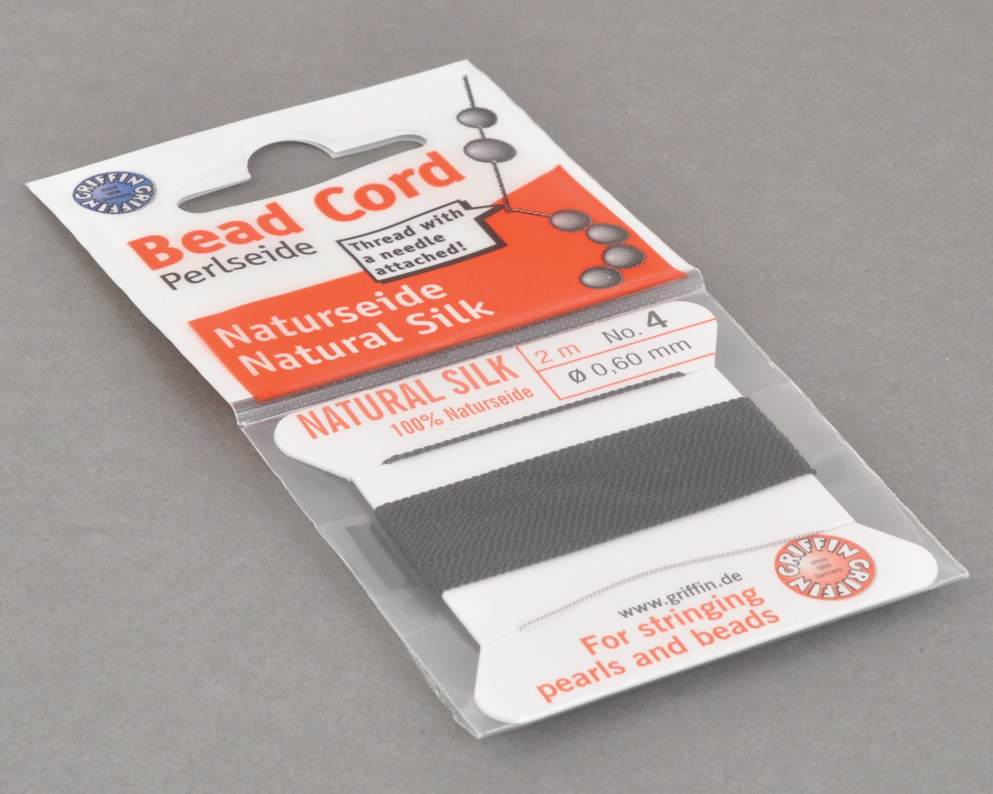 Griffin natural silk bead cord size 4 black with attached twisted needle 2 meter card