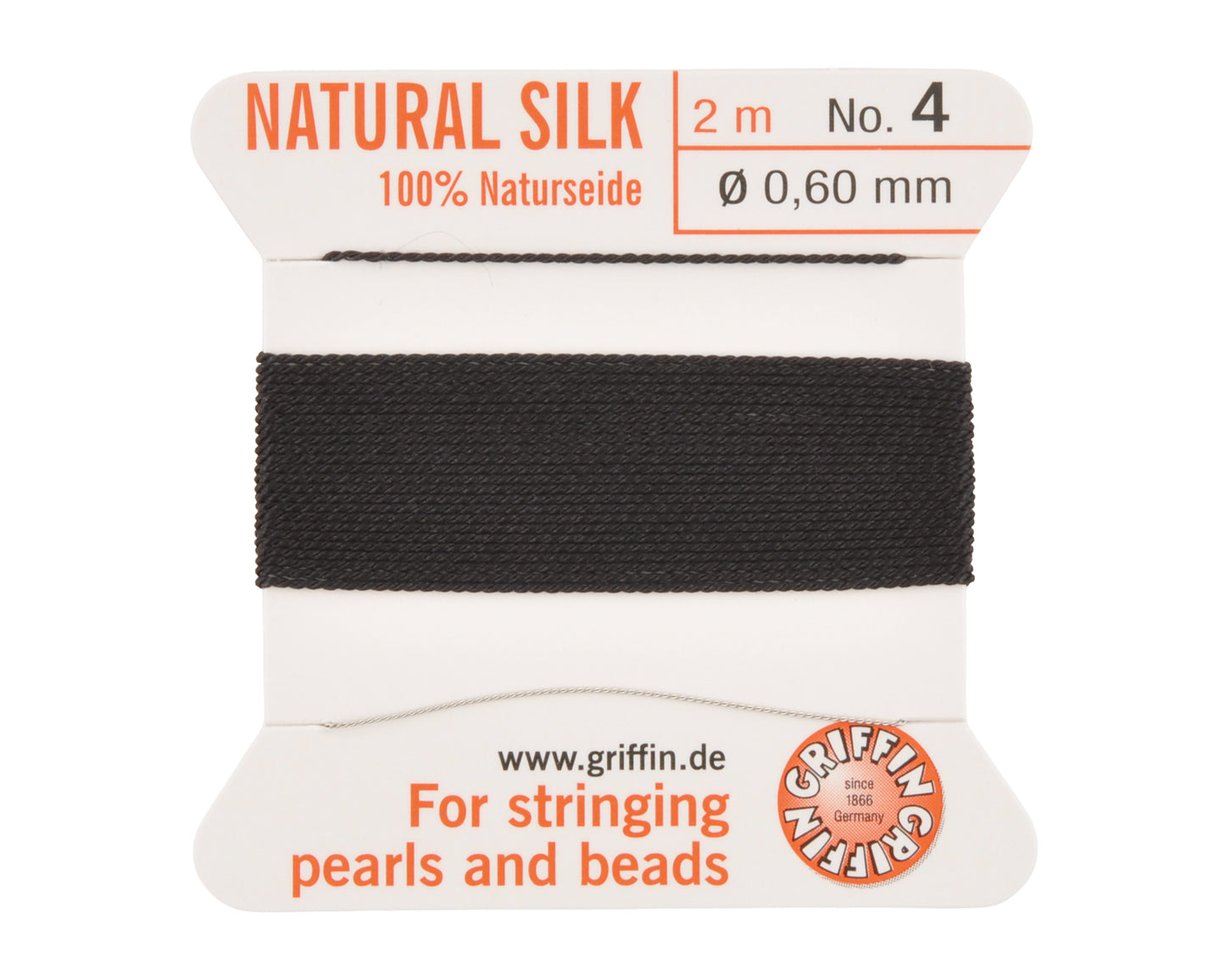Griffin natural silk bead cord size 4 black with attached twisted needle 2 meter card