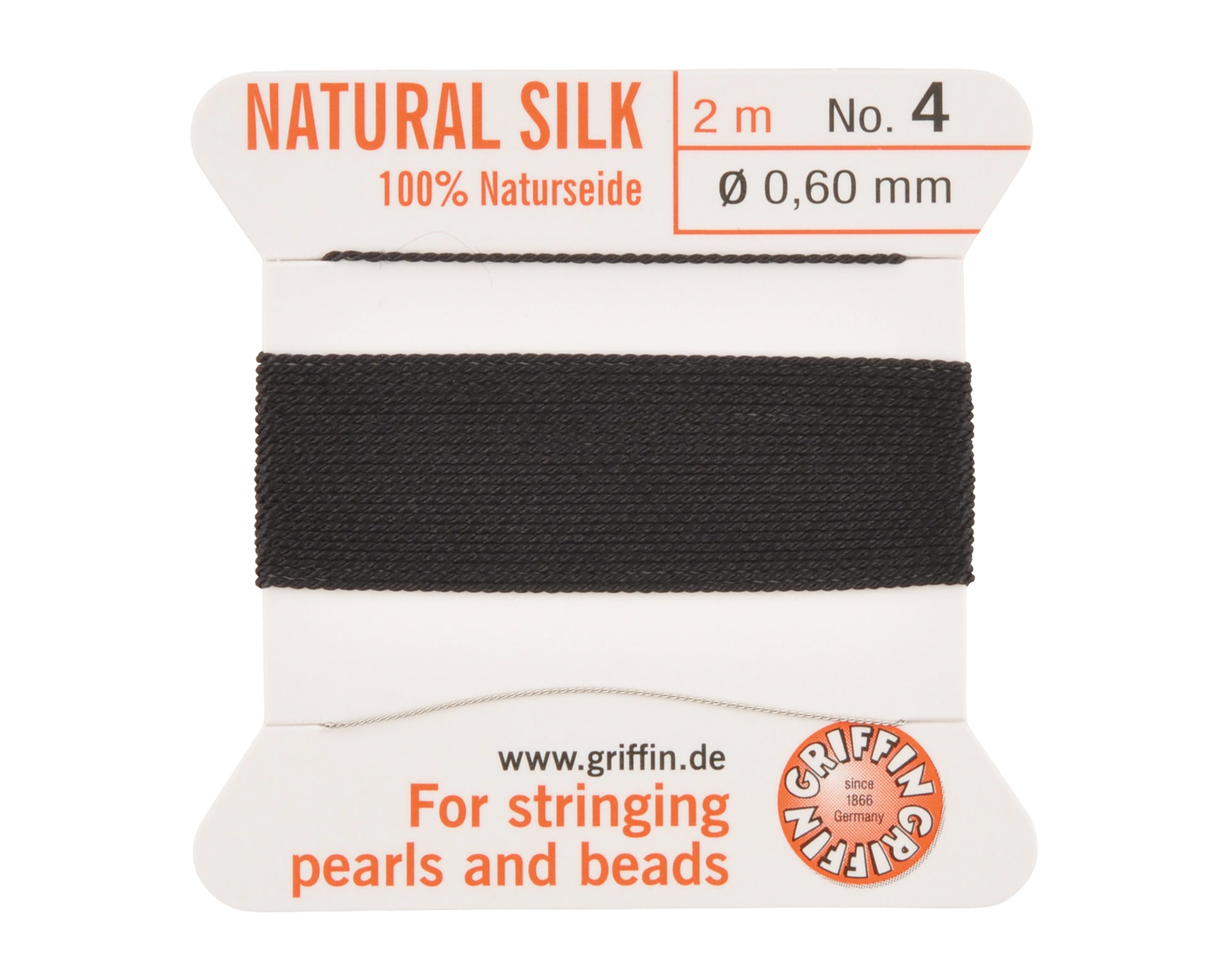 Griffin natural silk bead cord size 4 black with attached twisted needle 2 meter card