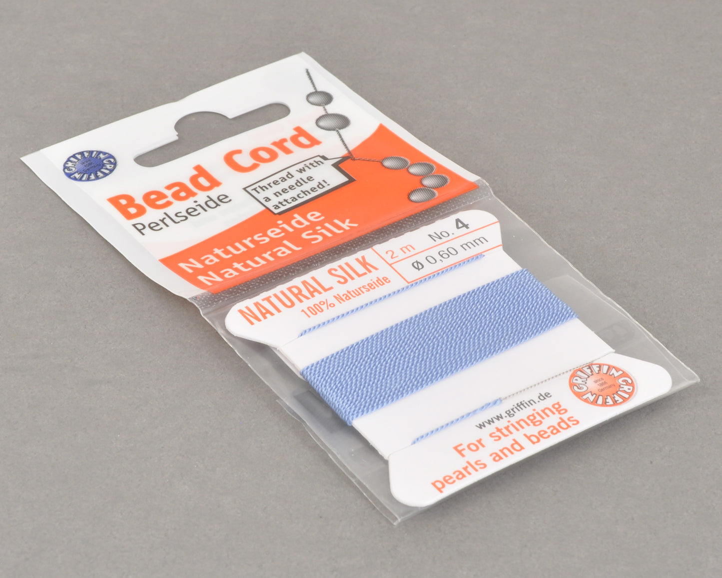 Griffin natural silk bead cord size 4 blue with attached twisted needle 2 meter card