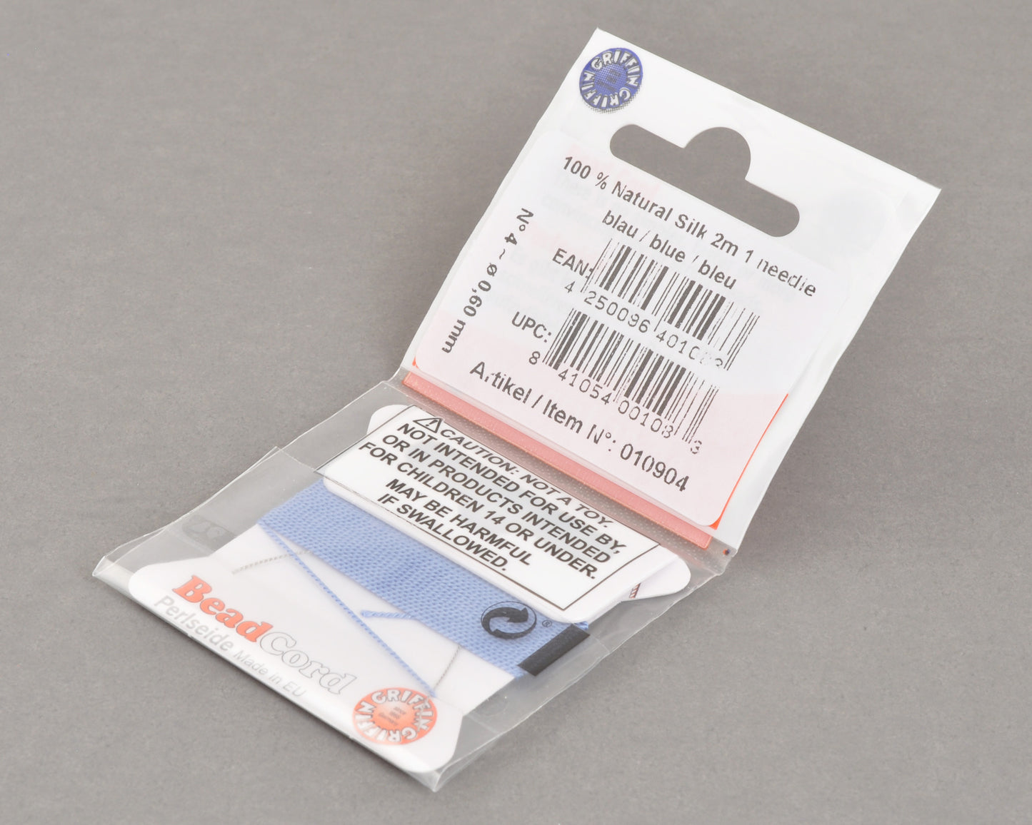 Griffin natural silk bead cord size 4 blue with attached twisted needle 2 meter card