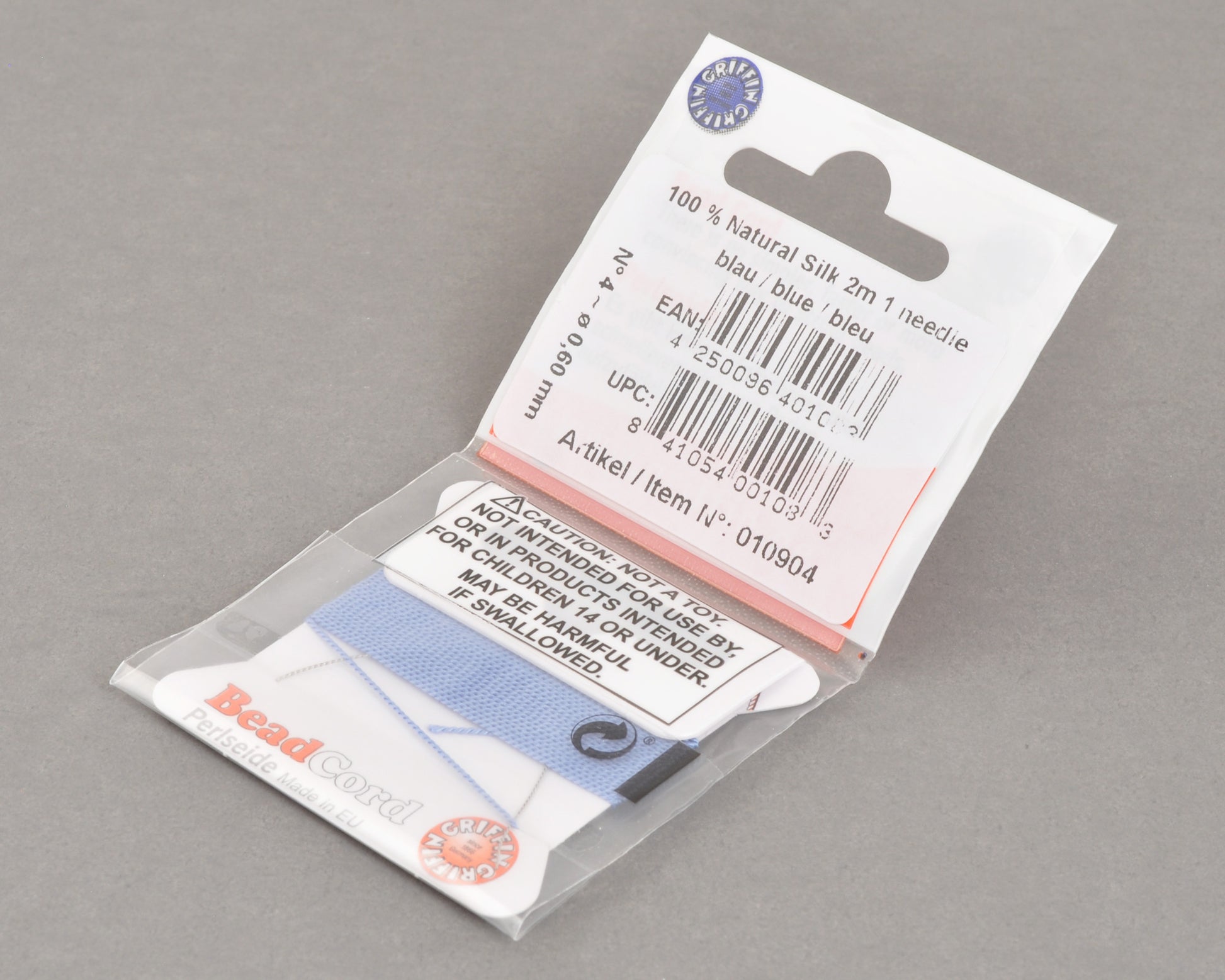 Griffin natural silk bead cord size 4 blue with attached twisted needle 2 meter card