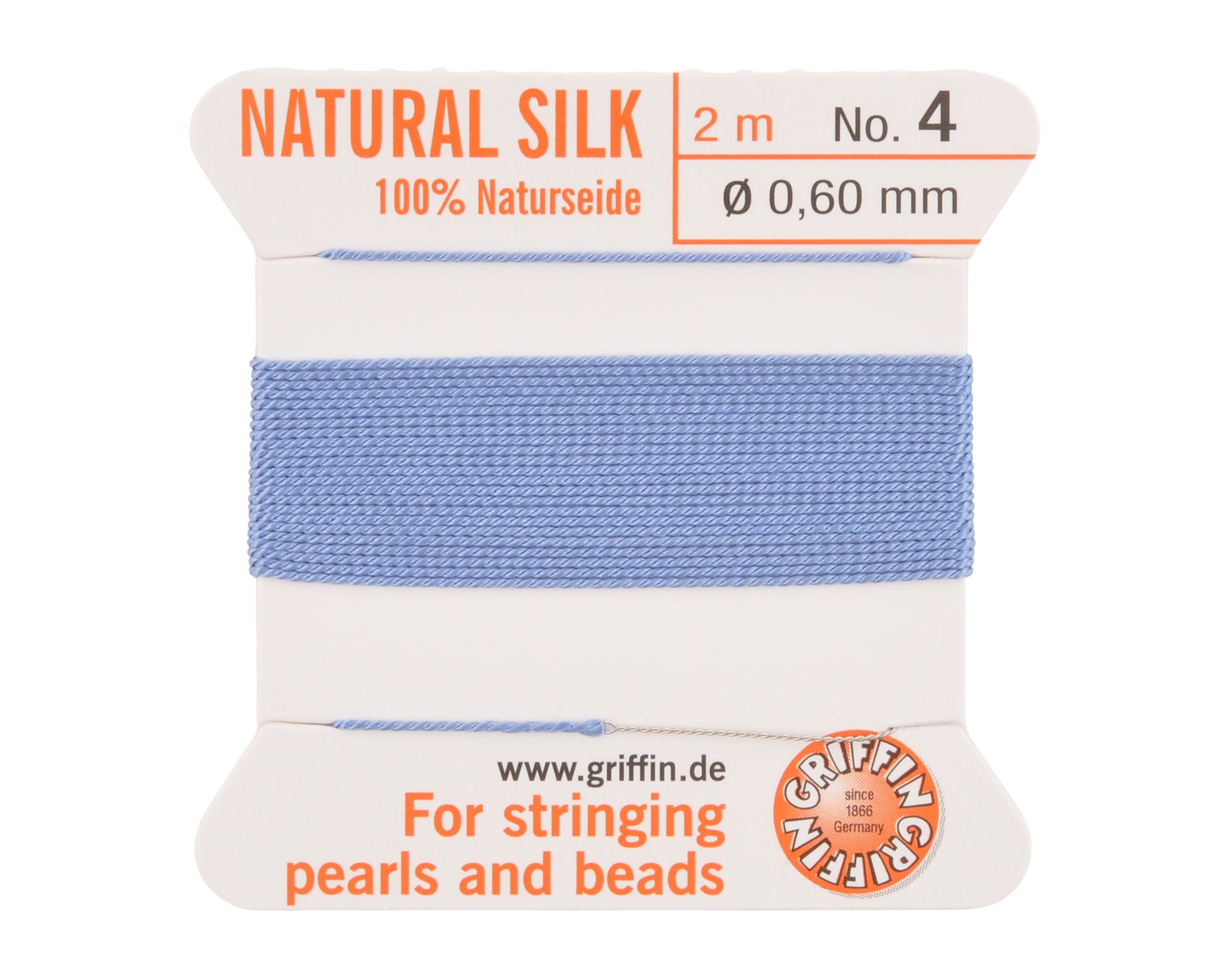 Griffin natural silk bead cord size 4 blue with attached twisted needle 2 meter card
