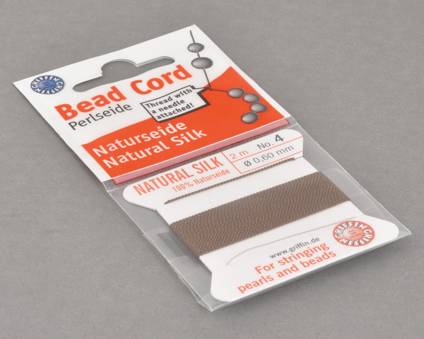 Griffin natural silk bead cord size 4 brown with attached twisted needle 2 meter card