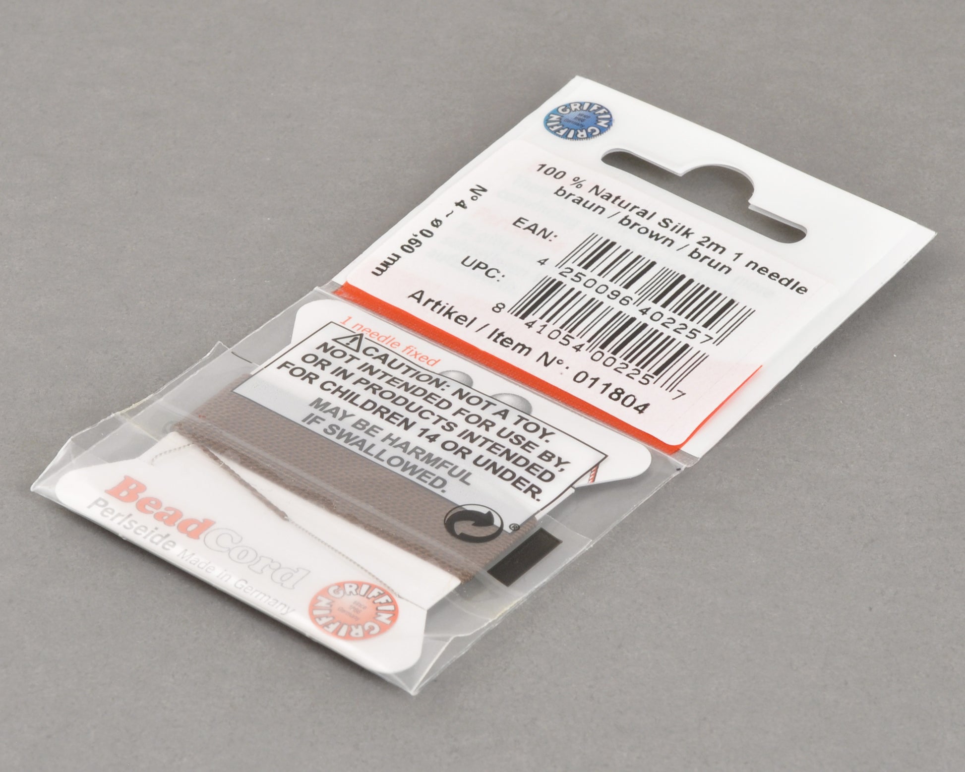 Griffin natural silk bead cord size 4 brown with attached twisted needle 2 meter card