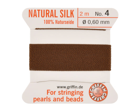 Griffin natural silk bead cord size 4 brown with attached twisted needle 2 meter card