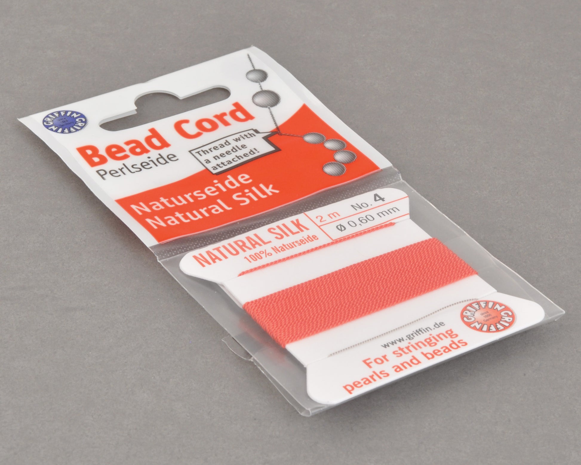 Griffin natural silk bead cord size 4 coral with attached twisted needle 2 meter card