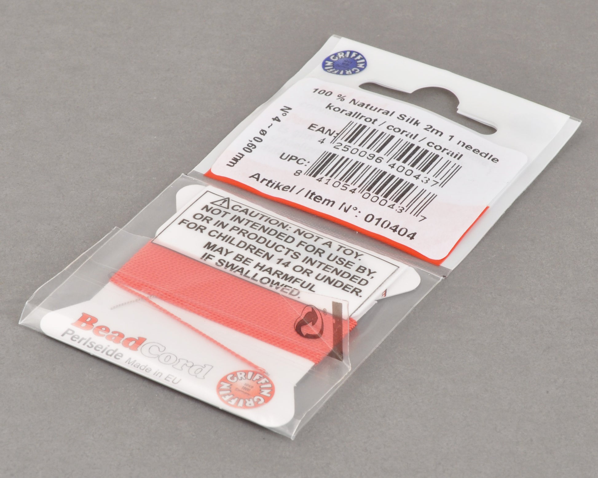 Griffin natural silk bead cord size 4 coral with attached twisted needle 2 meter card