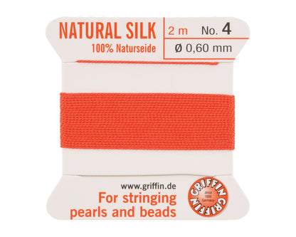 Griffin natural silk bead cord size 4 coral with attached twisted needle 2 meter card