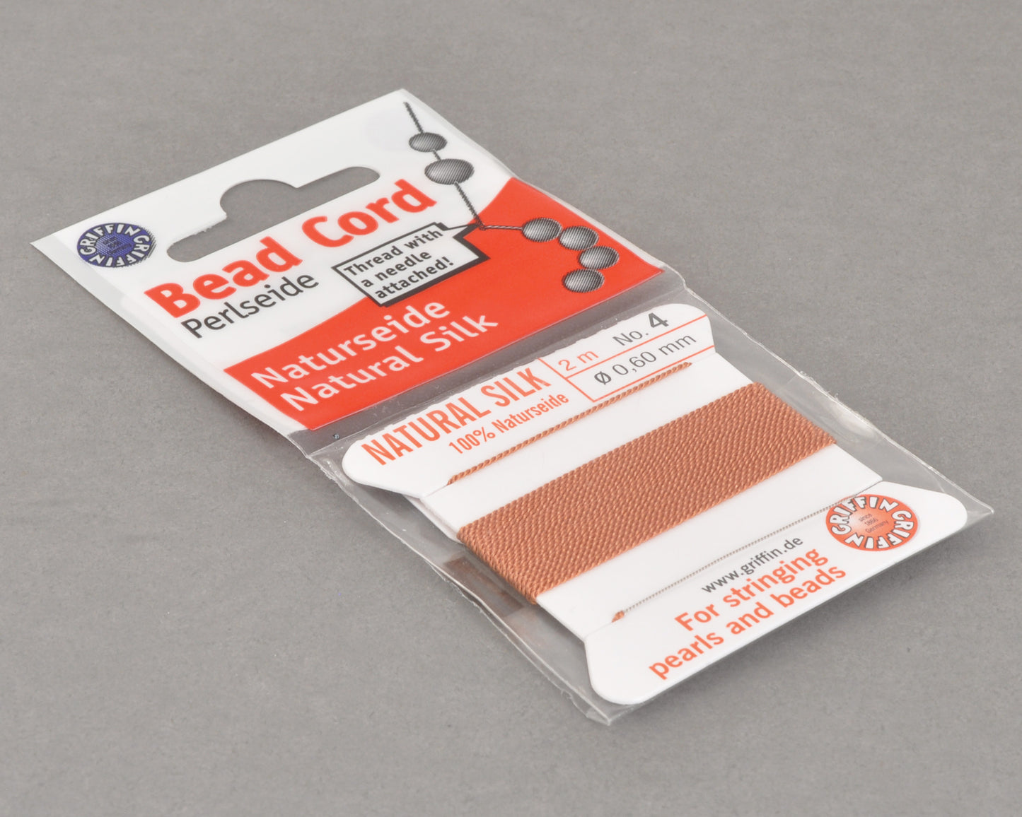 Griffin natural silk bead cord size 4 cornelian with attached twisted needle 2 meter card