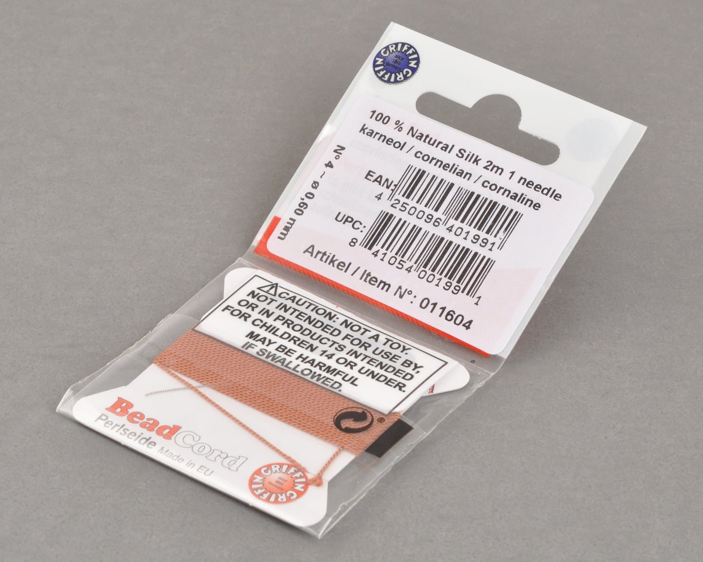 Griffin natural silk bead cord size 4 cornelian with attached twisted needle 2 meter card