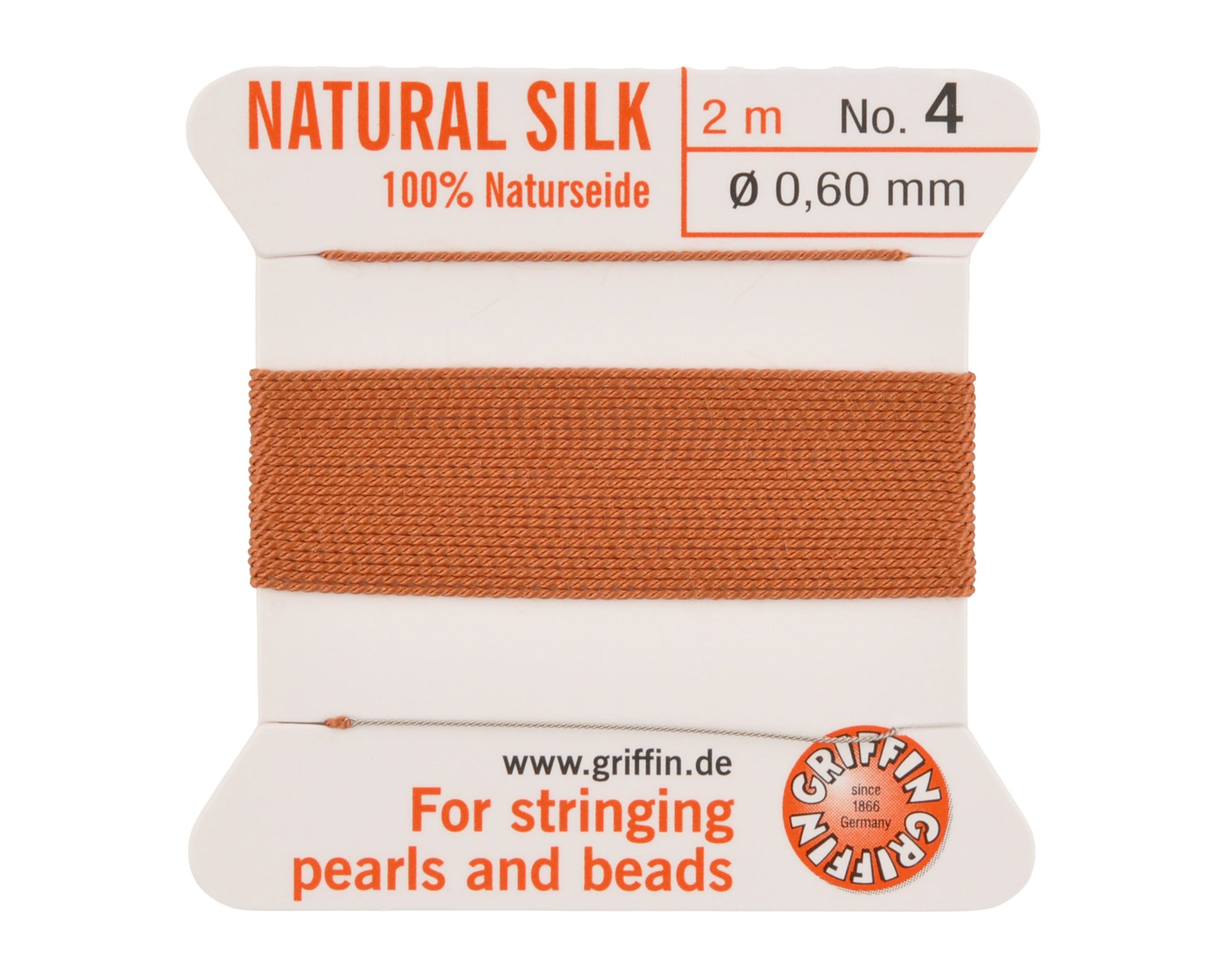 Griffin natural silk bead cord size 4 cornelian with attached twisted needle 2 meter card