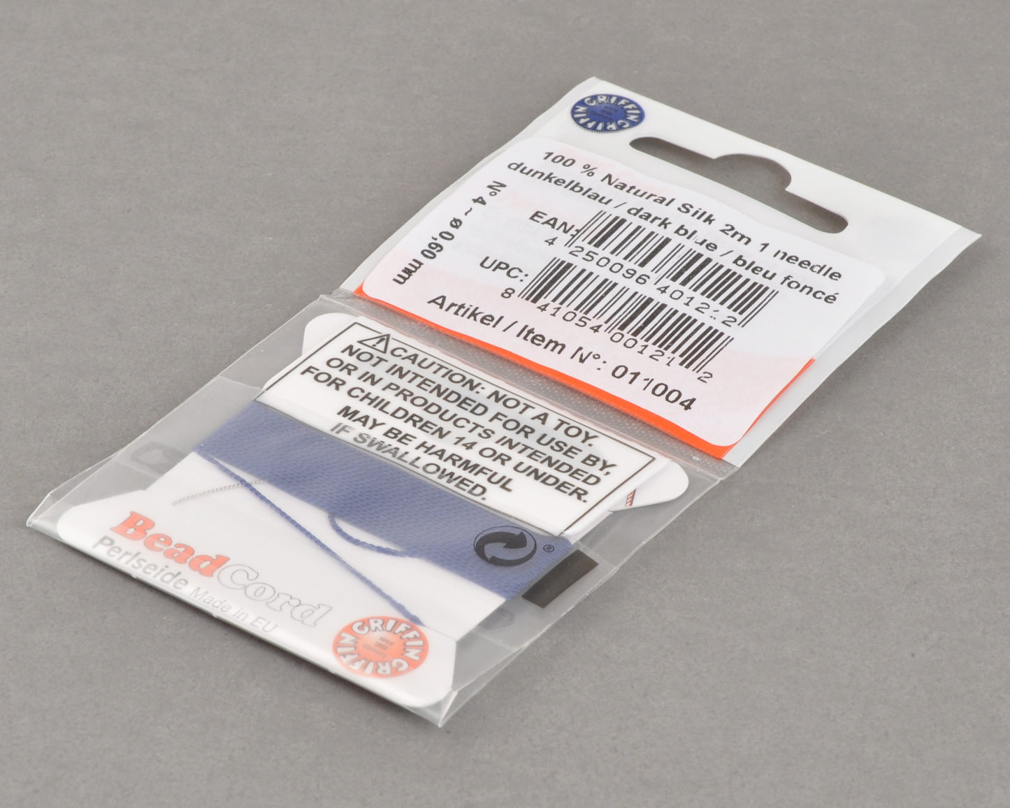 Griffin natural silk bead cord size 4 dark blue with attached twisted needle 2 meter card