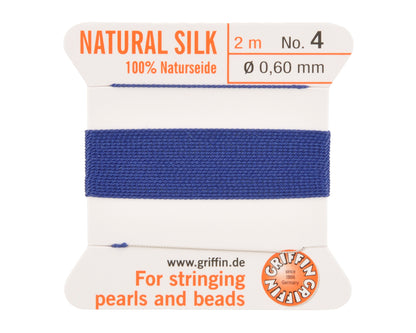 Griffin natural silk bead cord size 4 dark blue with attached twisted needle 2 meter card