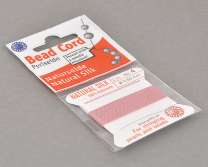 Griffin natural silk bead cord size 4 dark pink with attached twisted needle 2 meter card