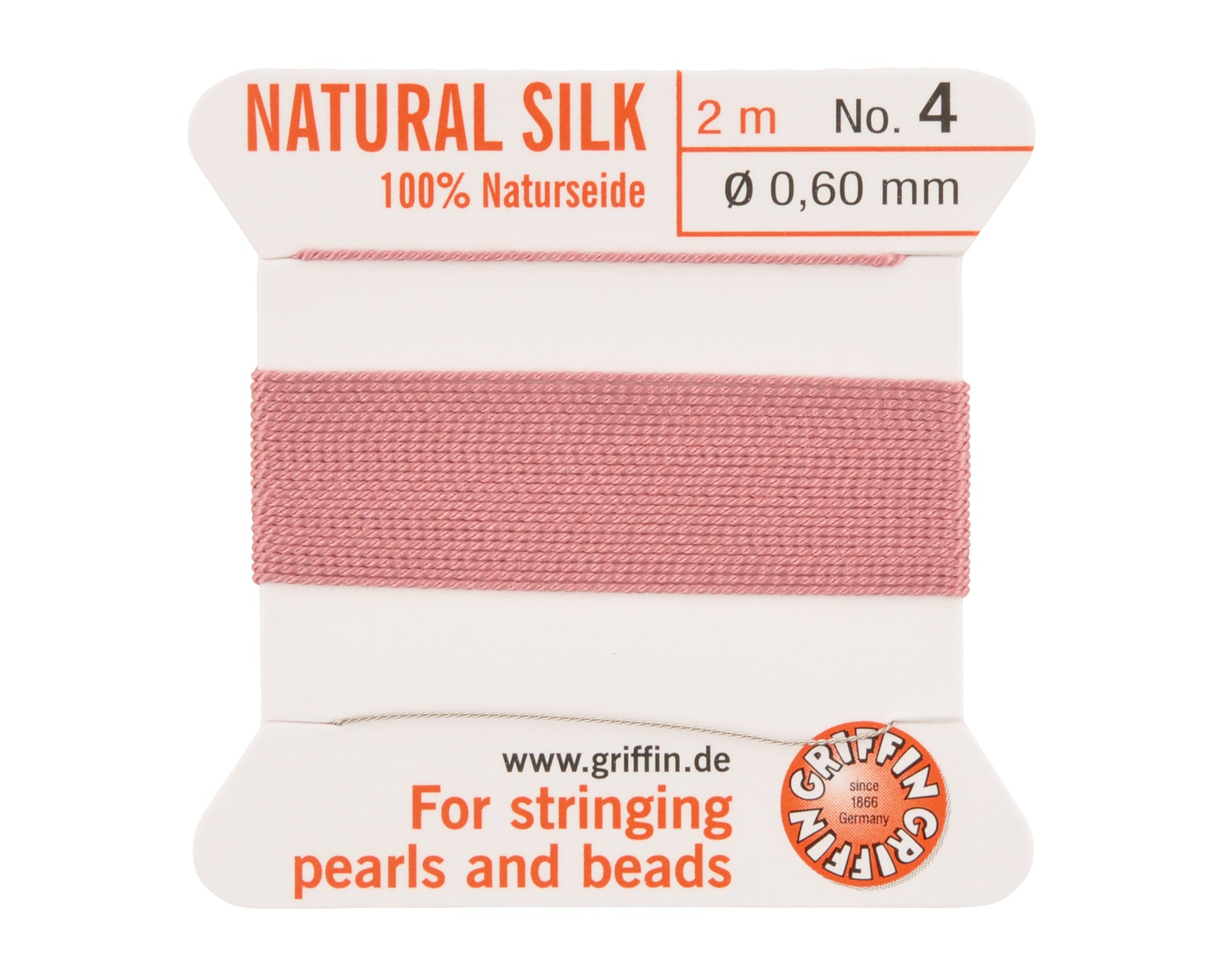Griffin natural silk bead cord size 4 dark pink with attached twisted needle 2 meter card