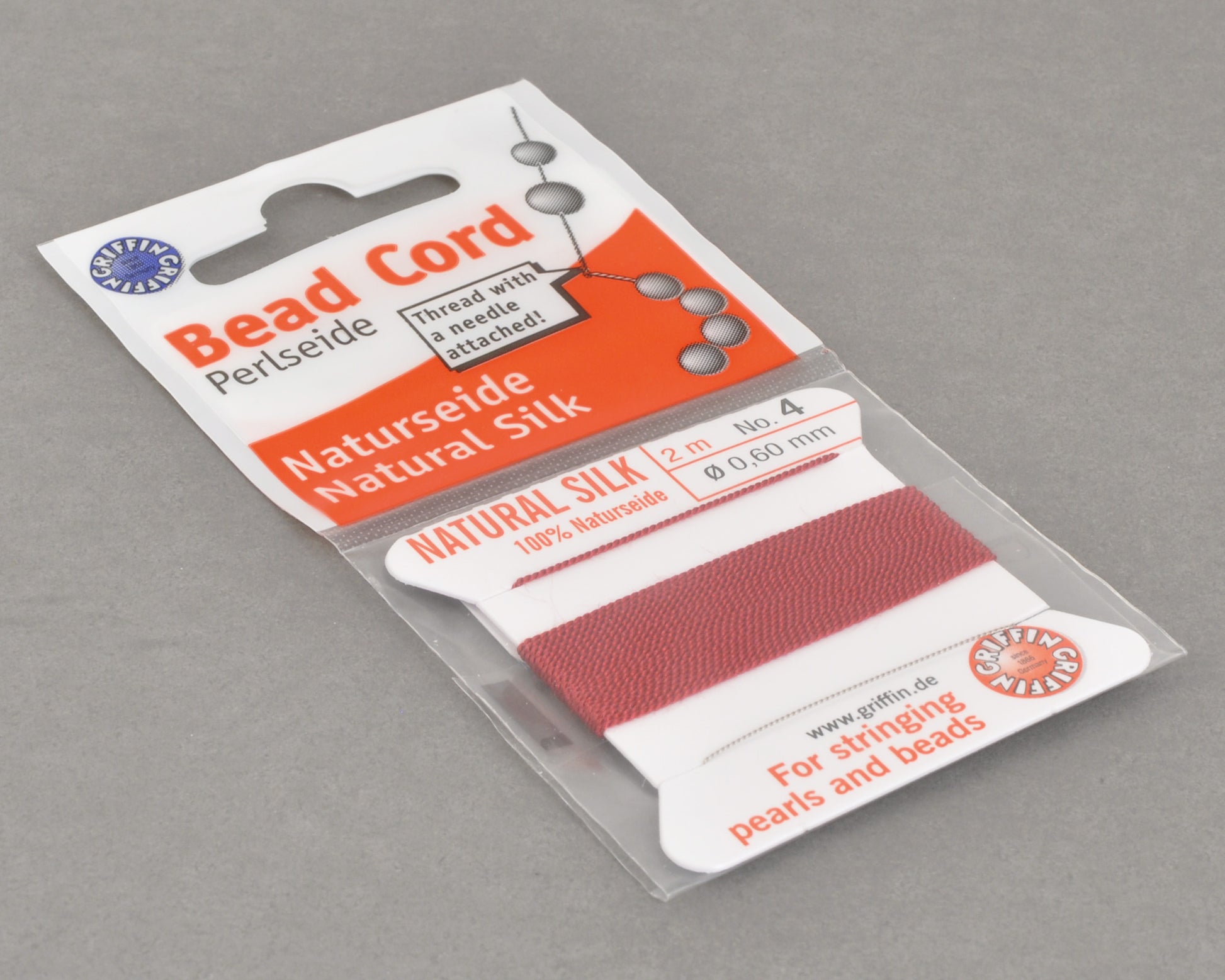 Griffin natural silk bead cord size 4 garnet with attached twisted needle 2 meter card