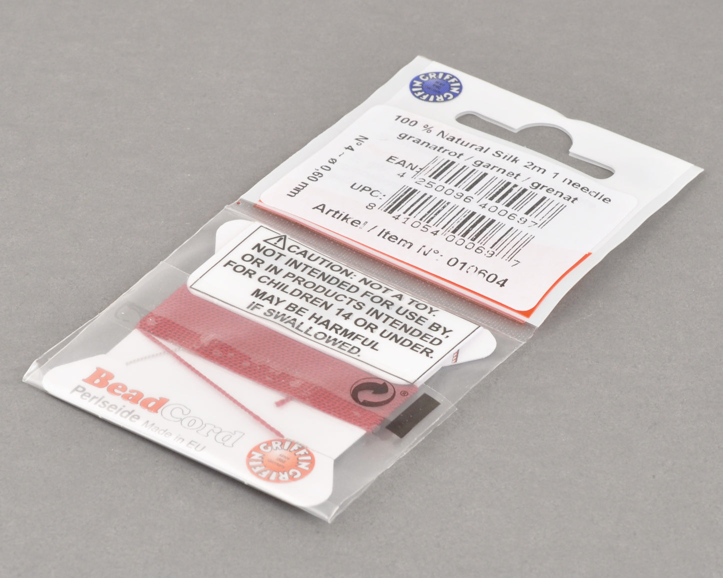 Griffin natural silk bead cord size 4 garnet with attached twisted needle 2 meter card