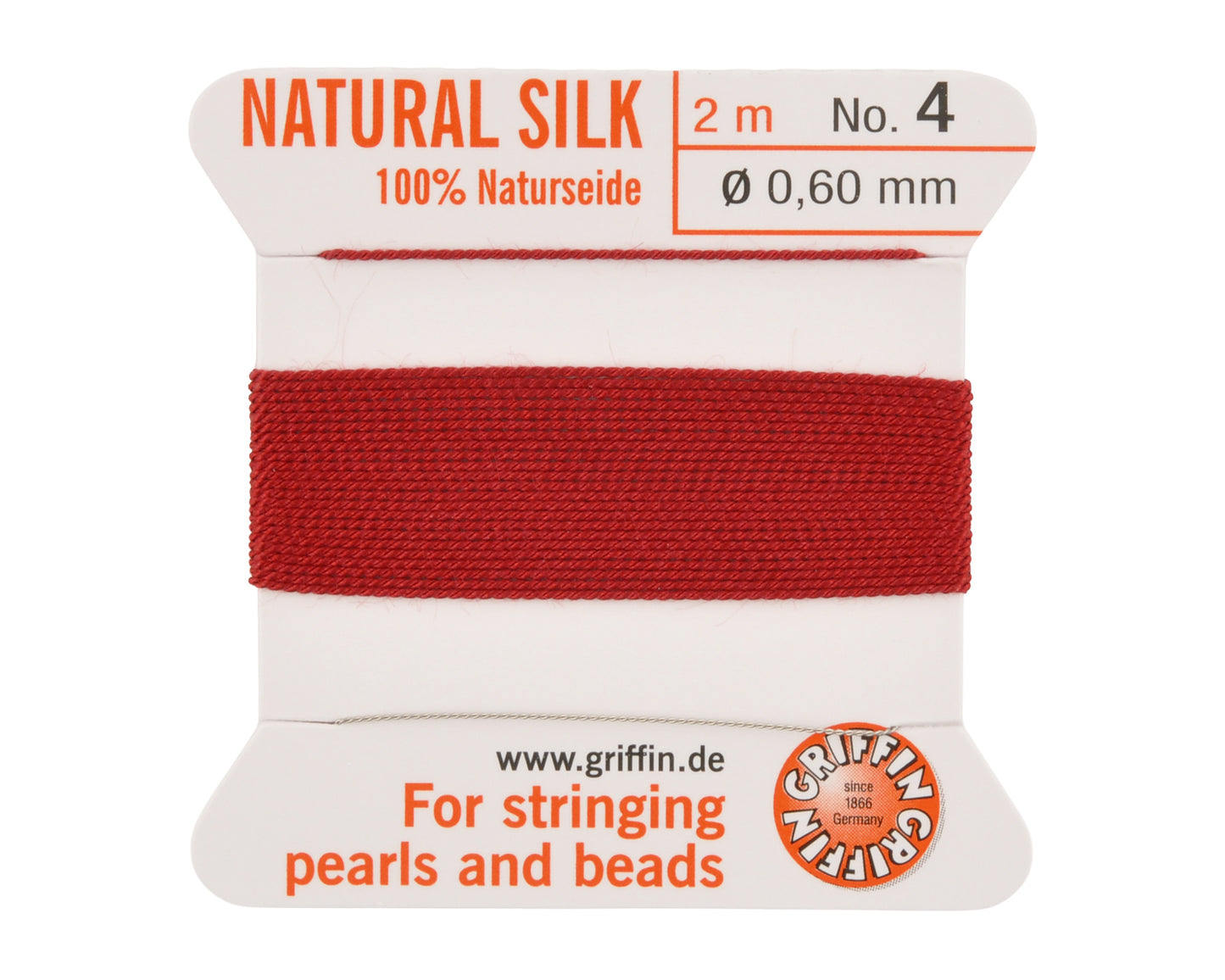 Griffin natural silk bead cord size 4 garnet with attached twisted needle 2 meter card