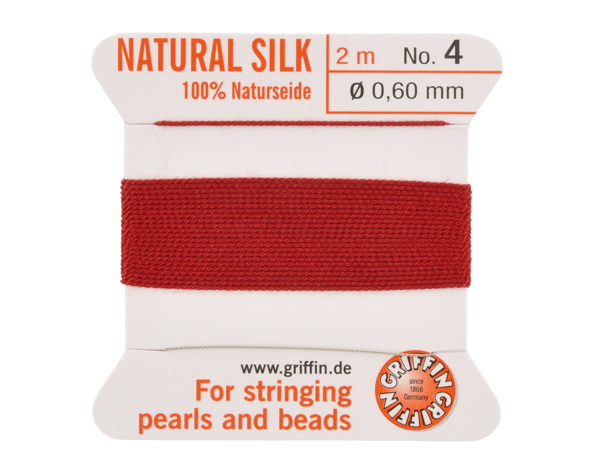Griffin natural silk bead cord size 4 garnet with attached twisted needle 2 meter card