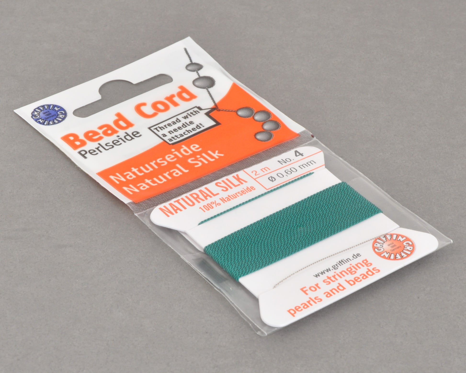 Griffin natural silk bead cord size 4 green with attached twisted needle 2 meter card