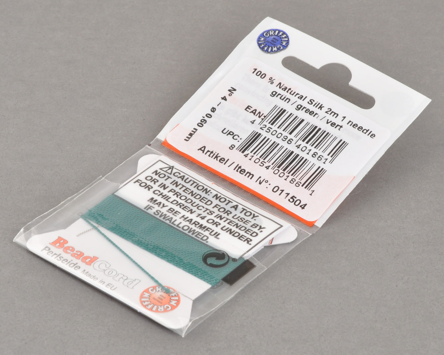 Griffin natural silk bead cord size 4 green with attached twisted needle 2 meter card