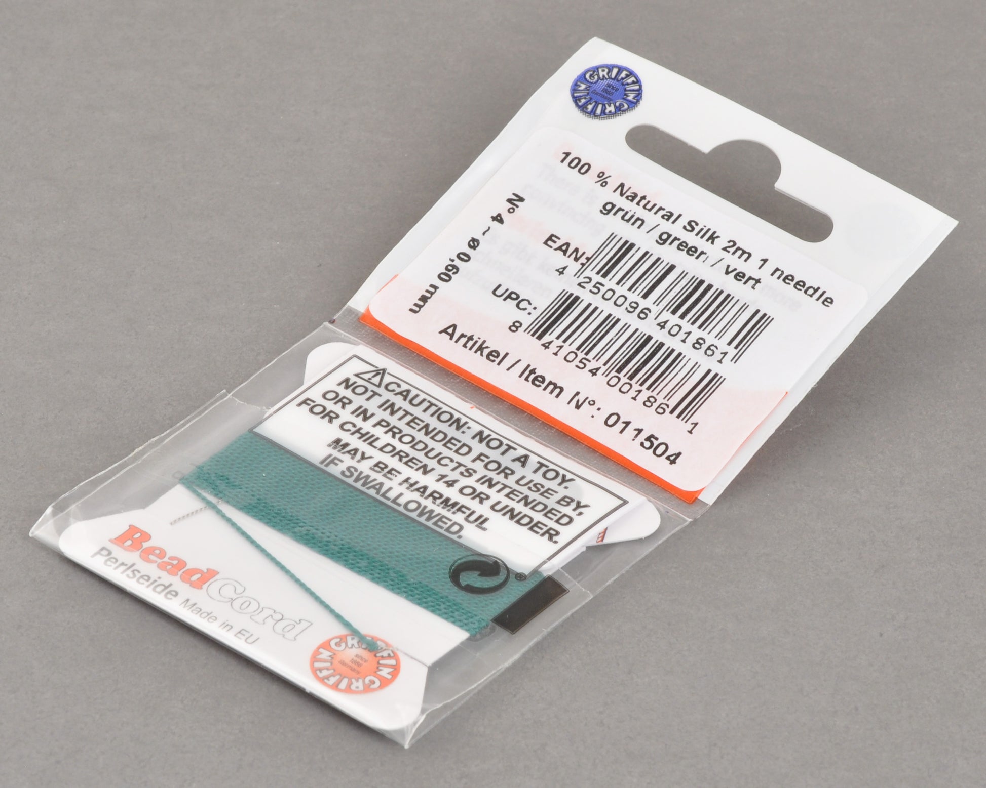 Griffin natural silk bead cord size 4 green with attached twisted needle 2 meter card