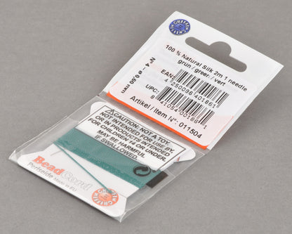 Griffin natural silk bead cord size 4 green with attached twisted needle 2 meter card