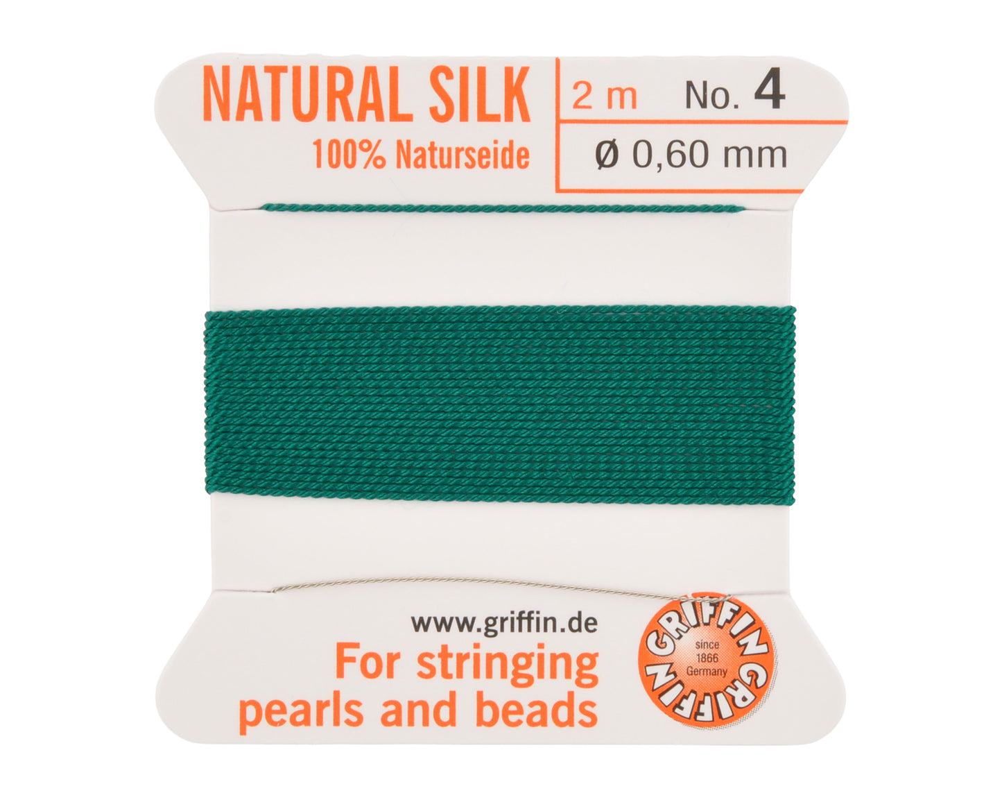 Griffin natural silk bead cord size 4 green with attached twisted needle 2 meter card
