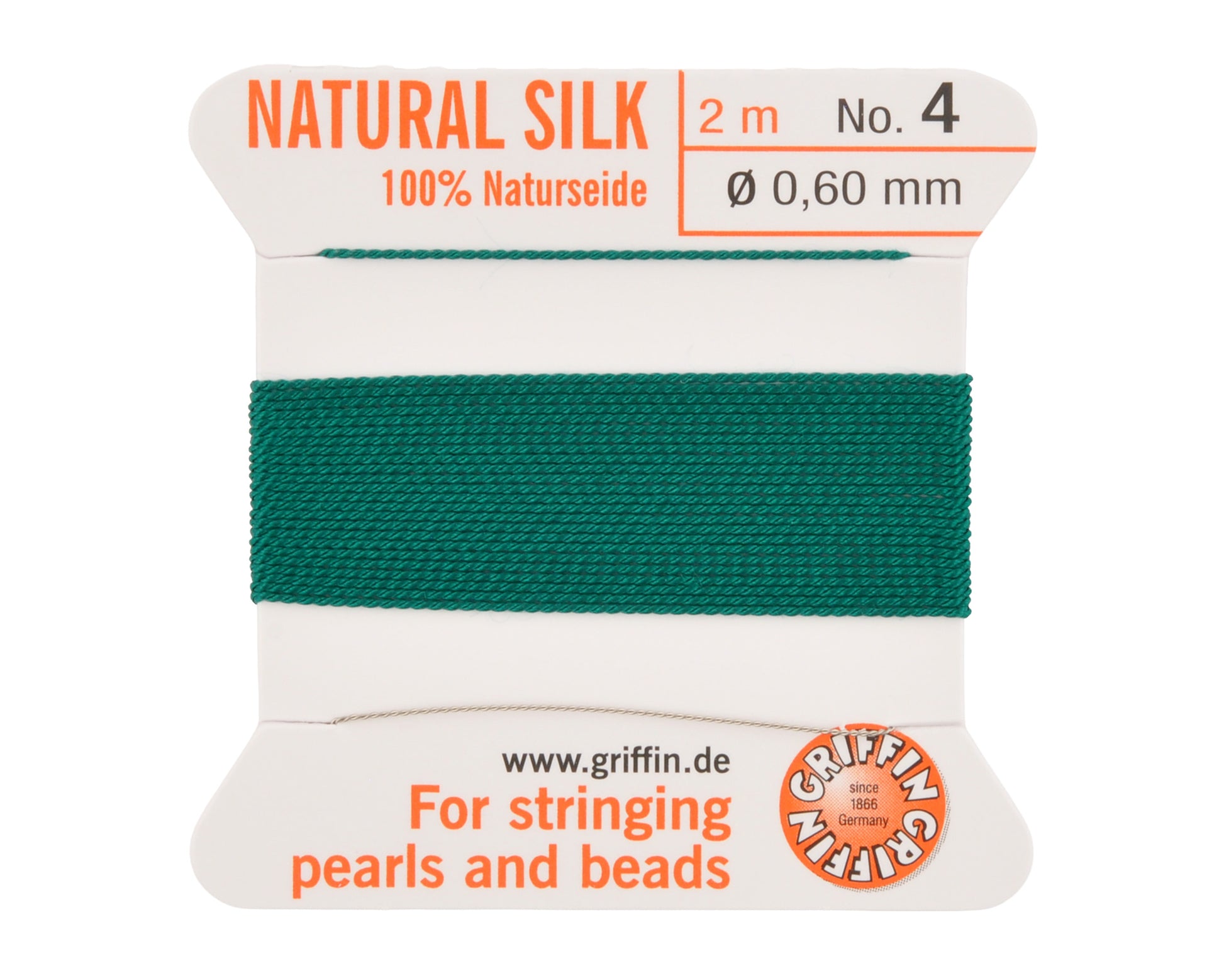Griffin natural silk bead cord size 4 green with attached twisted needle 2 meter card