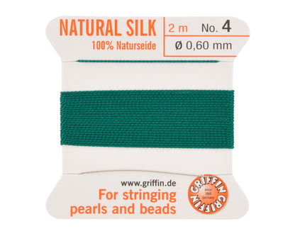 Griffin natural silk bead cord size 4 green with attached twisted needle 2 meter card