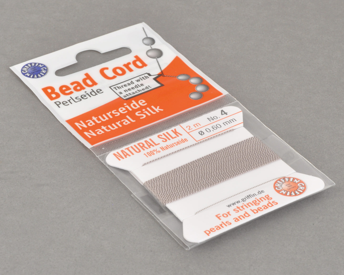 Griffin natural silk bead cord size 4 grey with attached twisted needle 2 meter card