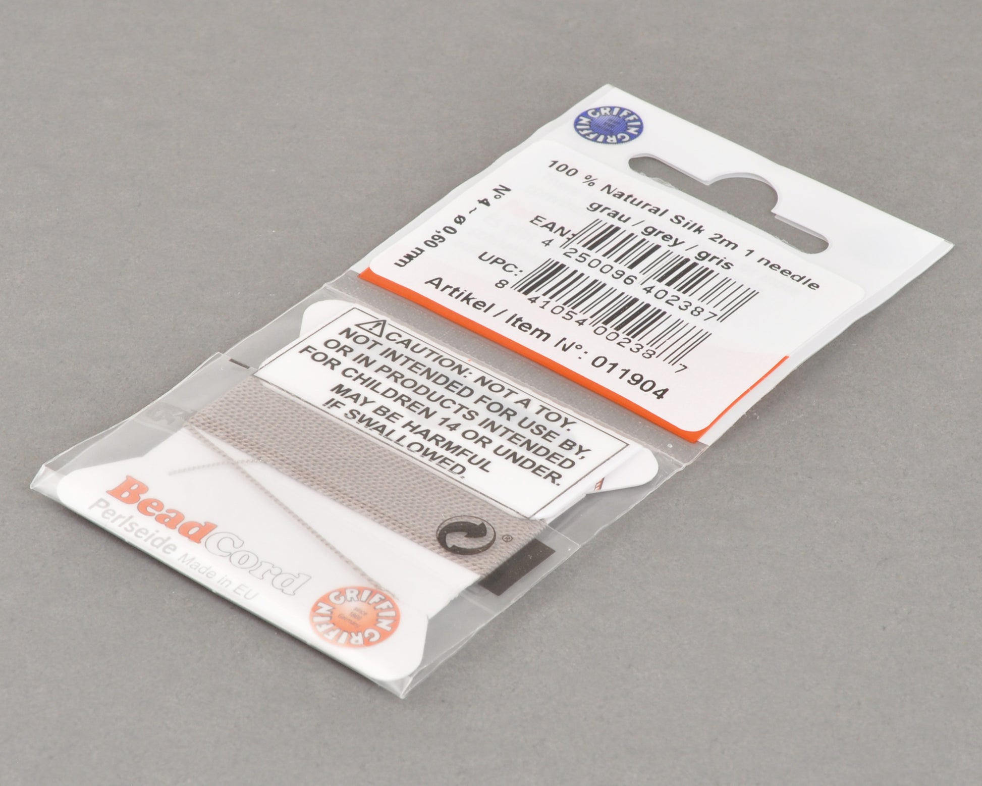 Griffin natural silk bead cord size 4 grey with attached twisted needle 2 meter card