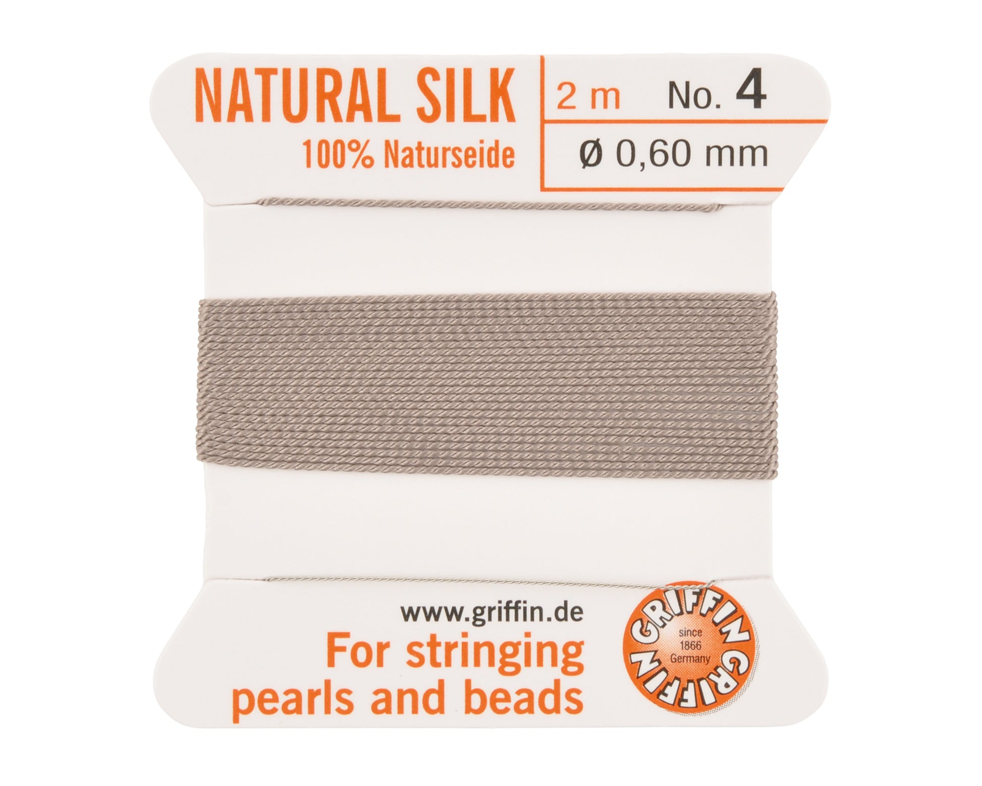 Griffin natural silk bead cord size 4 grey with attached twisted needle 2 meter card