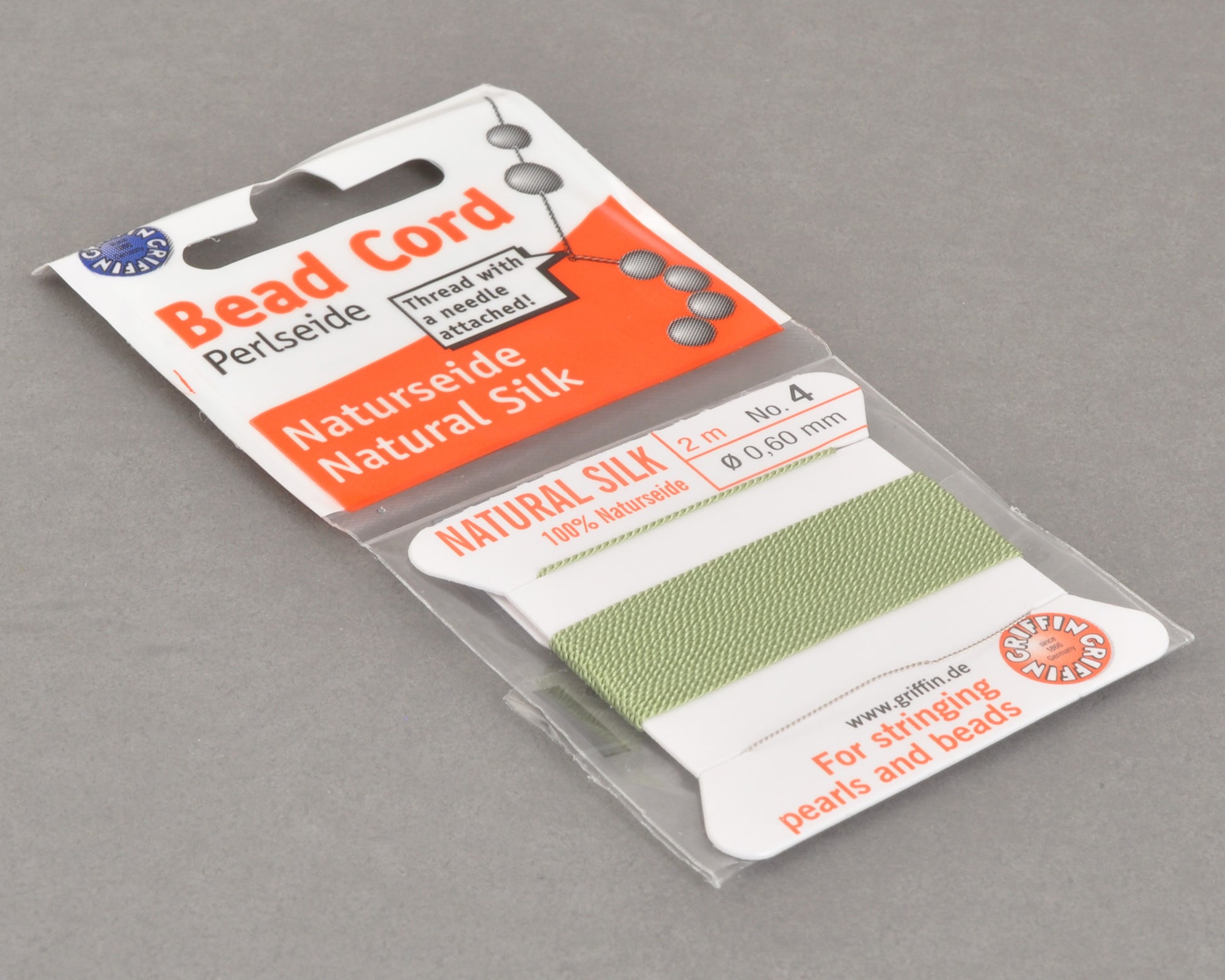 Griffin natural silk bead cord size 4 jade green with attached twisted needle 2 meter card