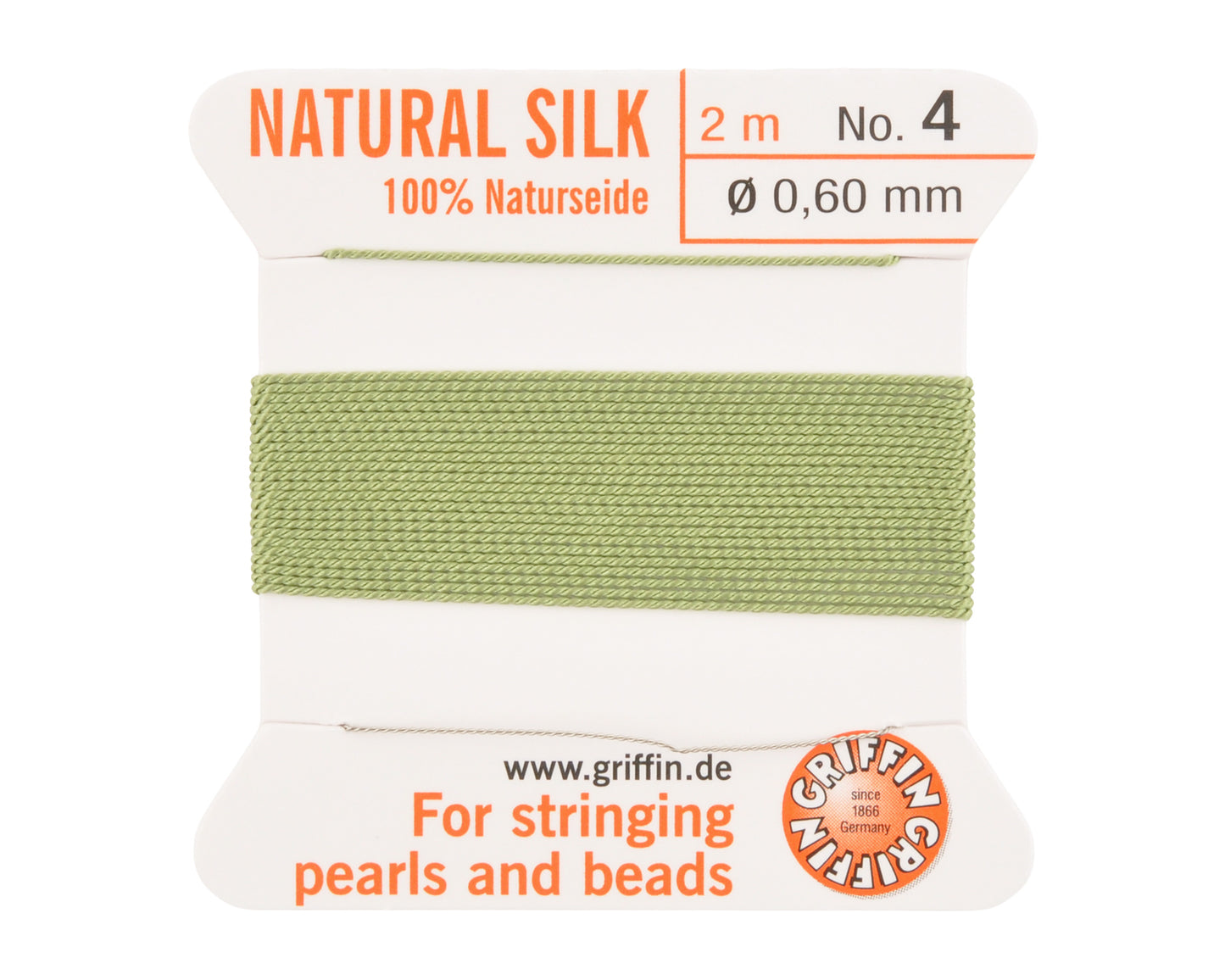 Griffin natural silk bead cord size 4 jade green with attached twisted needle 2 meter card