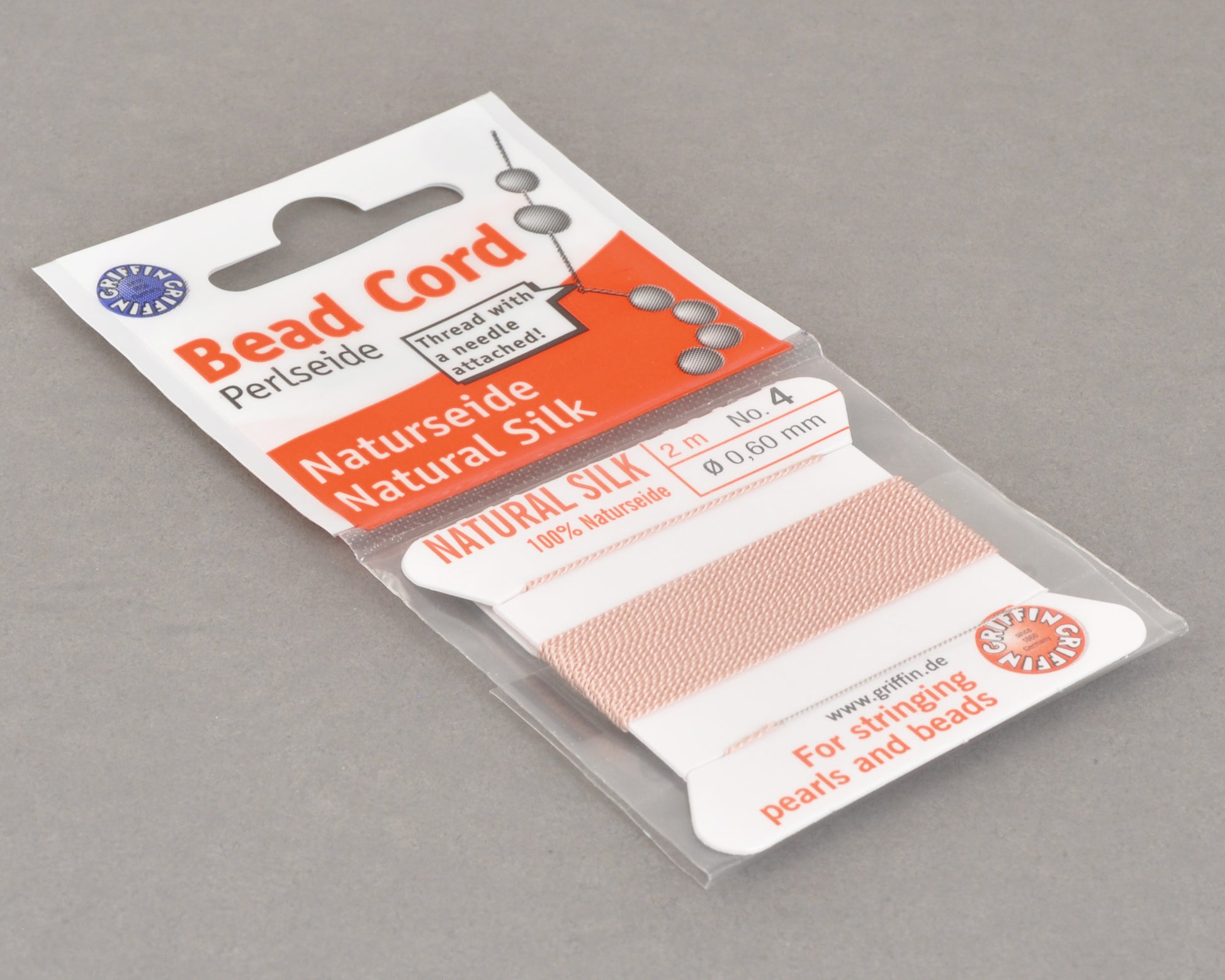 Griffin natural silk bead cord size 4 light pink with attached twisted needle 2 meter card