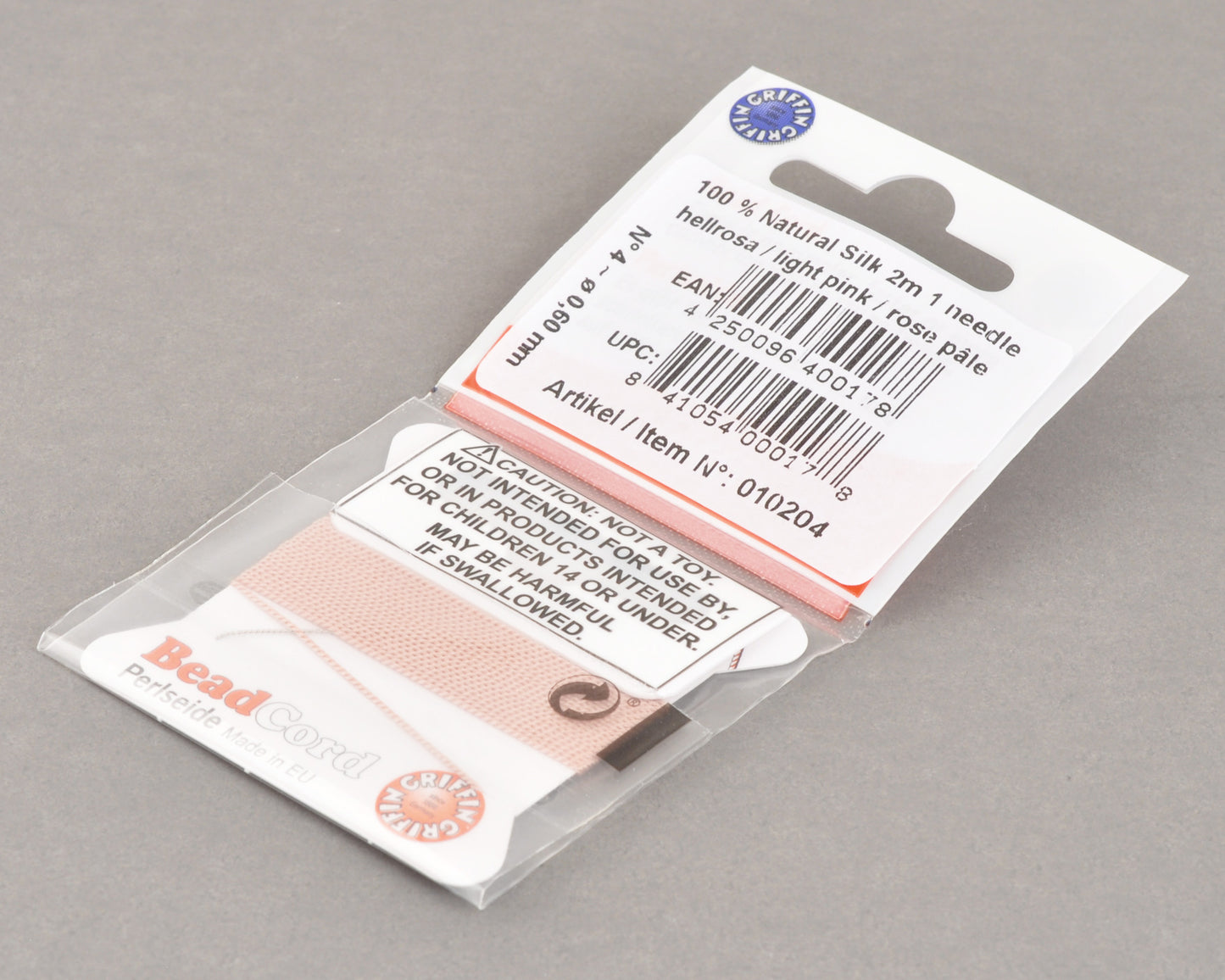 Griffin natural silk bead cord size 4 light pink with attached twisted needle 2 meter card