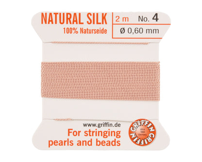 Griffin natural silk bead cord size 4 light pink with attached twisted needle 2 meter card