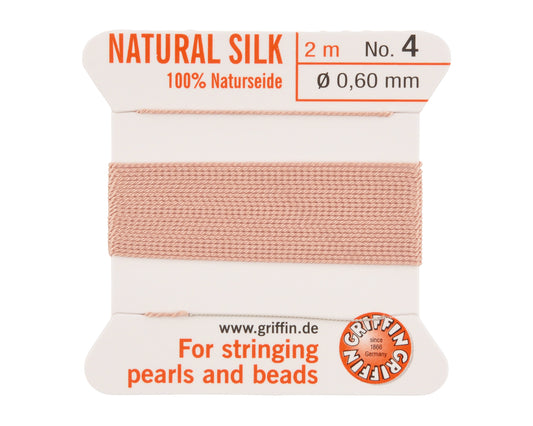 Griffin natural silk bead cord size 4 light pink with attached twisted needle 2 meter card