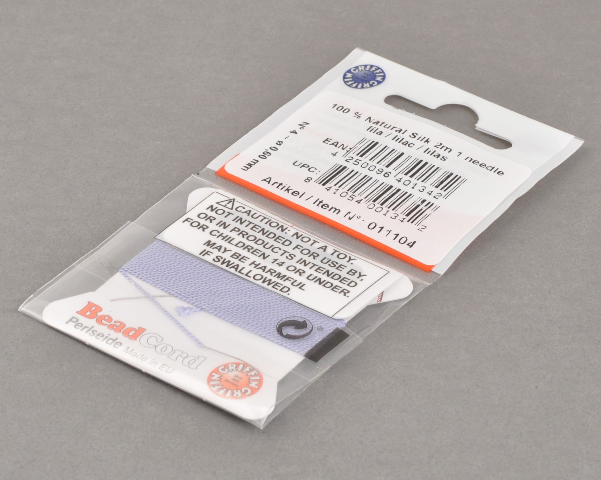 Griffin natural silk bead cord size 4 lilac with attached twisted needle 2 meter card