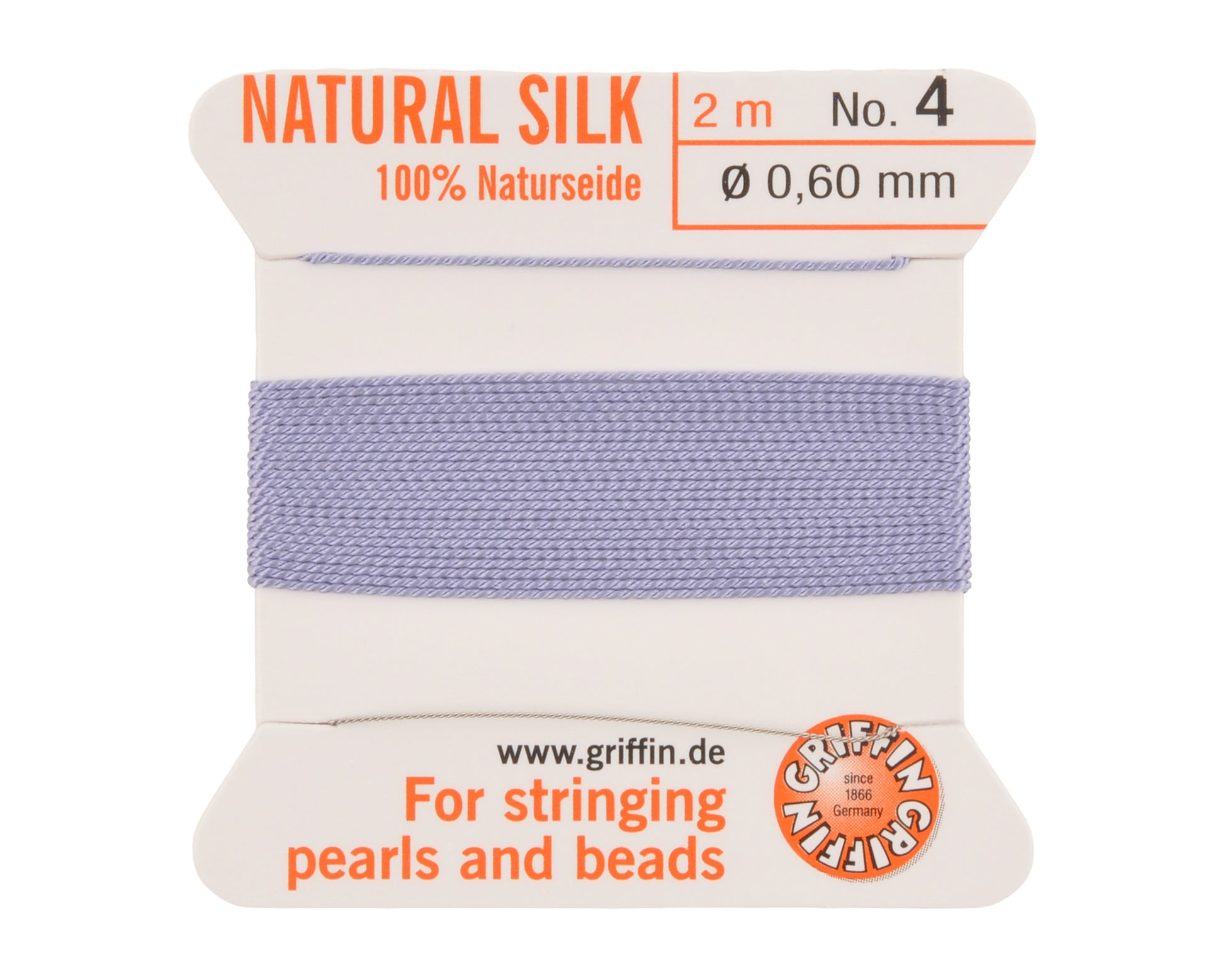 Griffin natural silk bead cord size 4 lilac with attached twisted needle 2 meter card