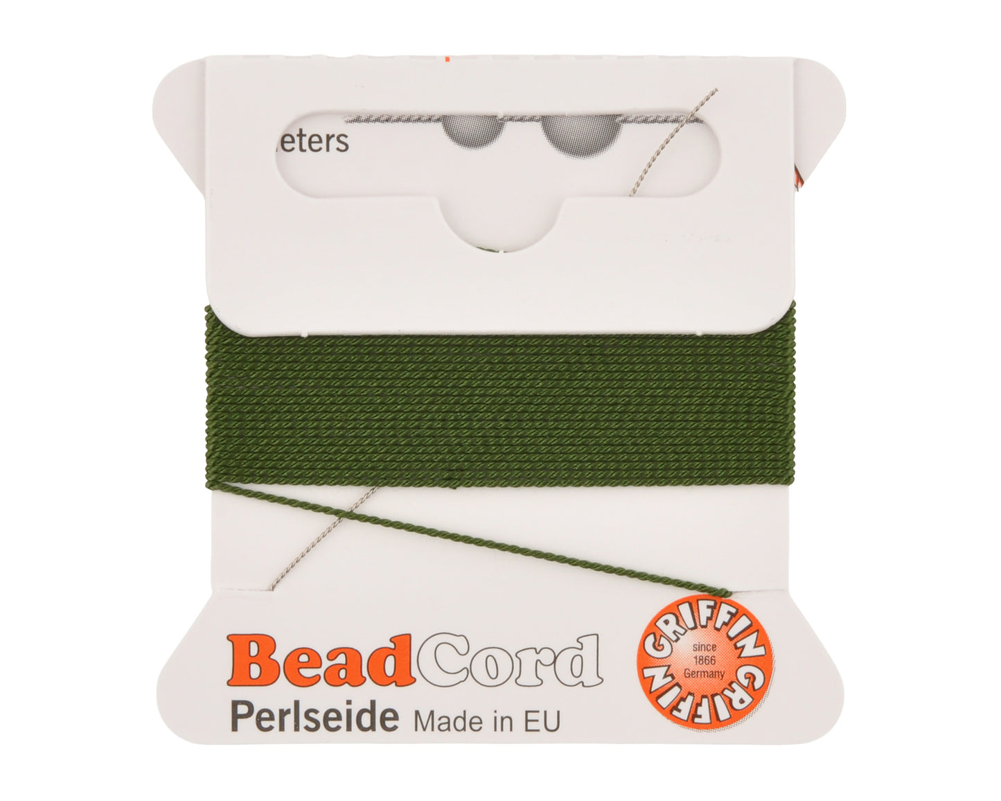 Griffin natural silk bead cord size 4 olive with attached twisted needle 2 meter card