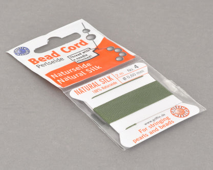 Griffin natural silk bead cord size 4 olive with attached twisted needle 2 meter card