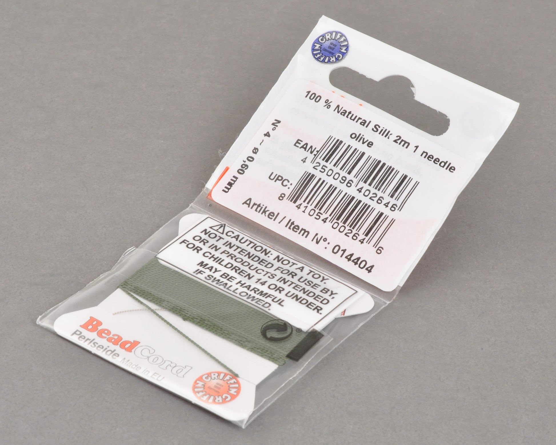 Griffin natural silk bead cord size 4 olive with attached twisted needle 2 meter card