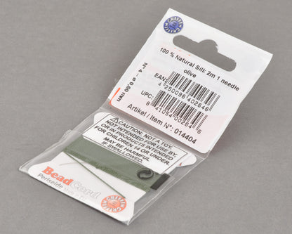 Griffin natural silk bead cord size 4 olive with attached twisted needle 2 meter card