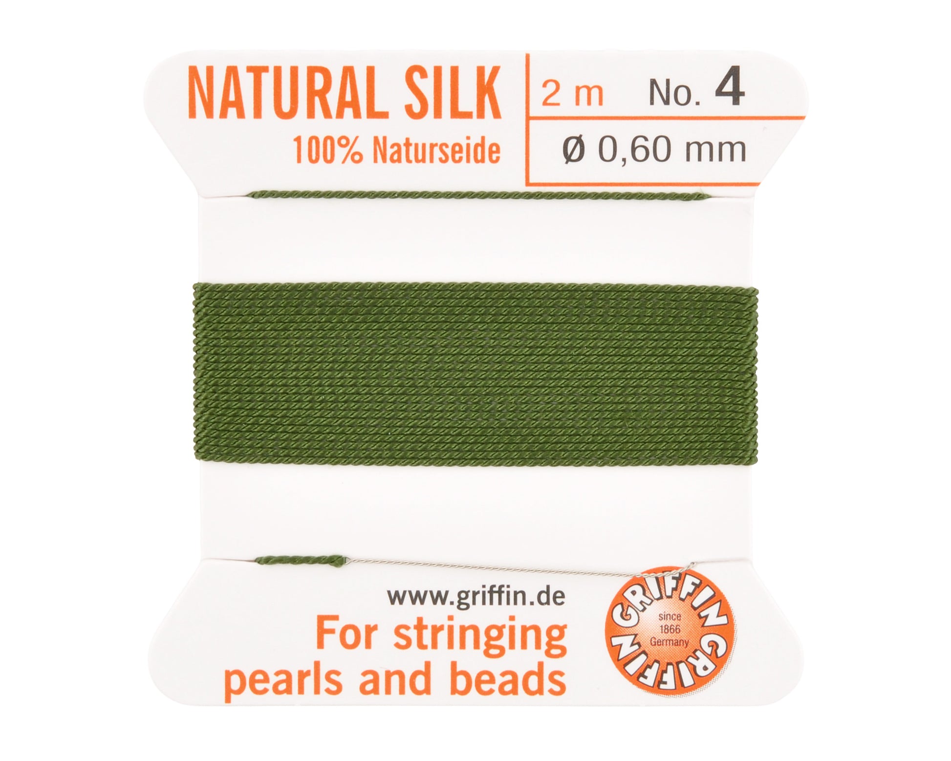Griffin natural silk bead cord size 4 olive with attached twisted needle 2 meter card