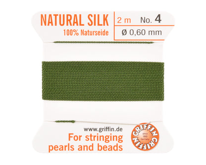 Griffin natural silk bead cord size 4 olive with attached twisted needle 2 meter card