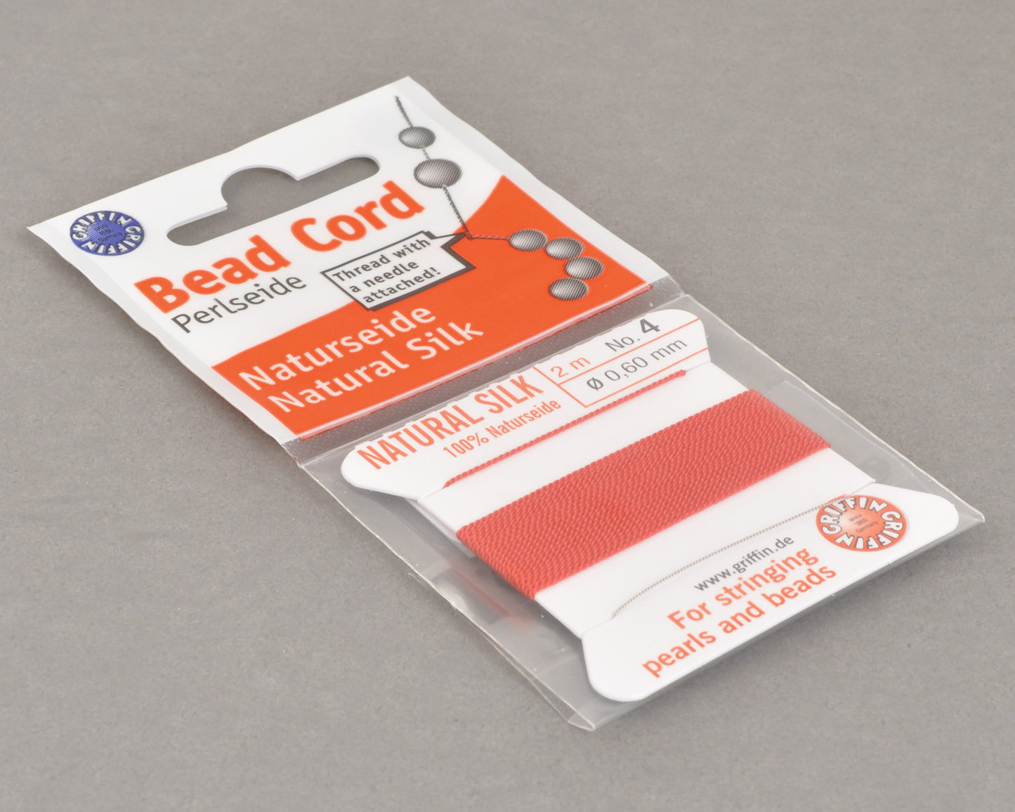Griffin natural silk bead cord size 4 red with attached twisted needle 2 meter card